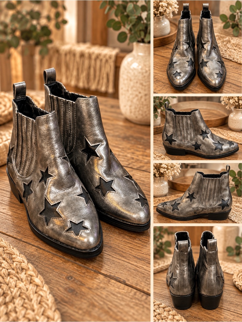 Seven7 Metallic Silver Chelsea Ankle Boots with Black Star Cutouts Size 9